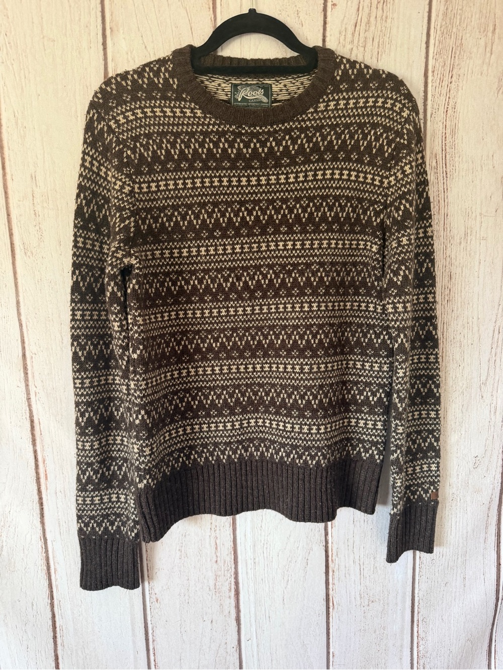 Roots Men's Brown and Cream Fair Isle Wool Blend Crewneck Sweater Size XS